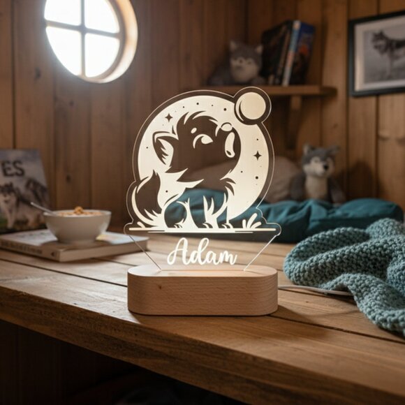 Personalized Wolf Night Light – Custom LED Baby Wolf Shower Gift - Picture 8 of 8